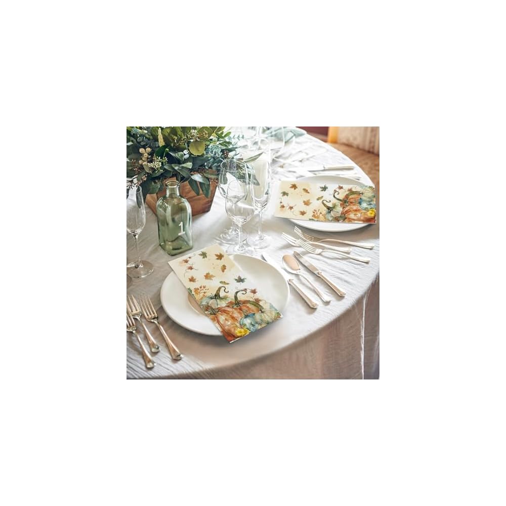 100Pcs Fall Paper Napkins, Harvest Orange Blue Pumpkin Leaves
