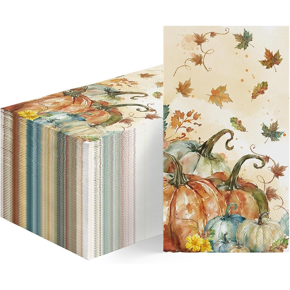 100Pcs Fall Paper Napkins, Harvest Orange Blue Pumpkin Leaves