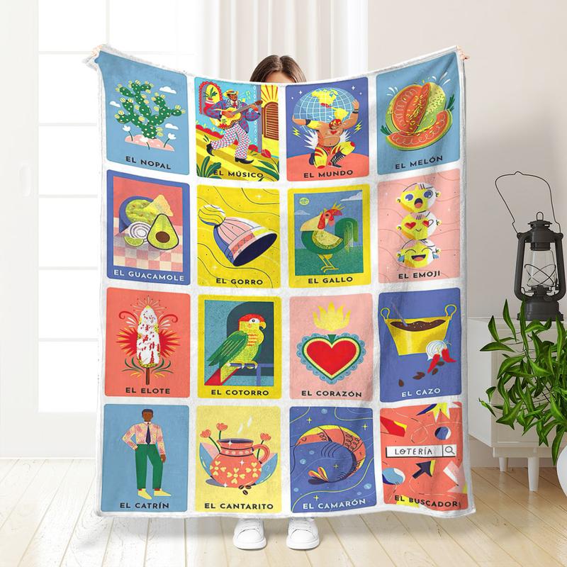 Mexican Loteria Card Pattern Blanket, Soft Flannel Blanket, Cool Bedroom Bedding Blankets, Air-conditioned Room Blanket, Warm Nap Blanket for Home & Office, Flannel Throw Blanket