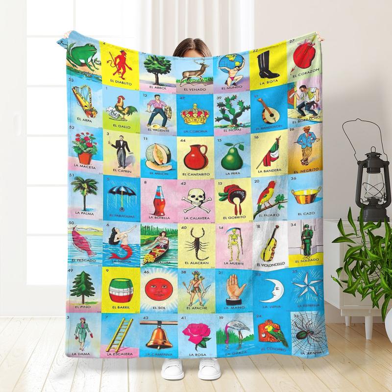 Mexican Loteria Card Pattern Blanket, Soft Flannel Blanket, Cool Bedroom Bedding Blankets, Air-conditioned Room Blanket, Warm Nap Blanket for Home & Office, Flannel Throw Blanket