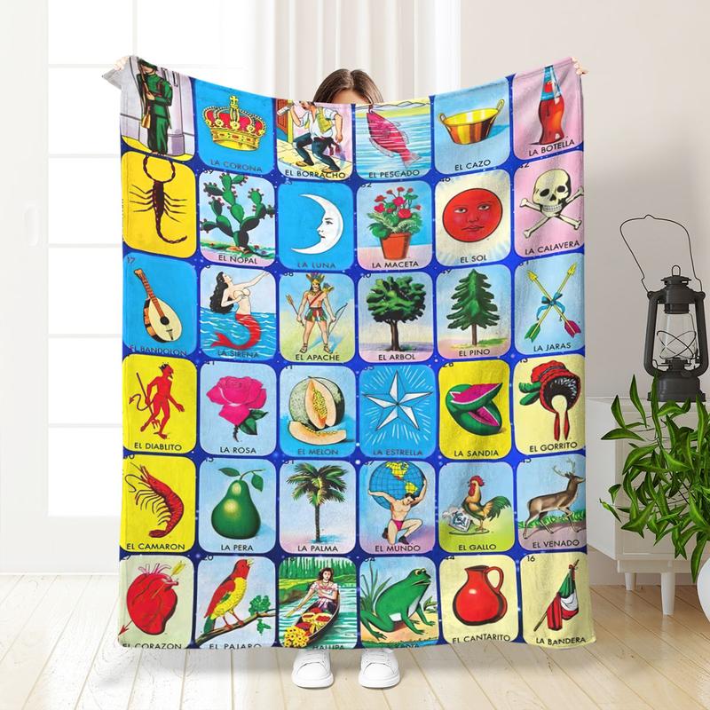 Mexican Loteria Card Pattern Blanket, Soft Flannel Blanket, Cool Bedroom Bedding Blankets, Air-conditioned Room Blanket, Warm Nap Blanket for Home & Office, Flannel Throw Blanket