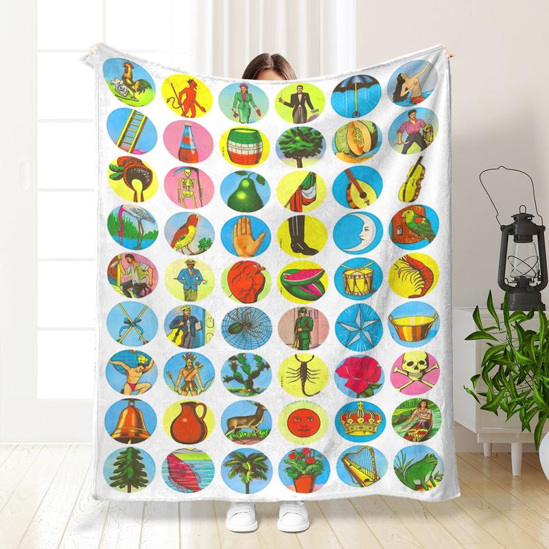 Mexican Loteria Card Pattern Blanket, Soft Flannel Blanket, Cool Bedroom Bedding Blankets, Air-conditioned Room Blanket, Warm Nap Blanket for Home & Office, Flannel Throw Blanket